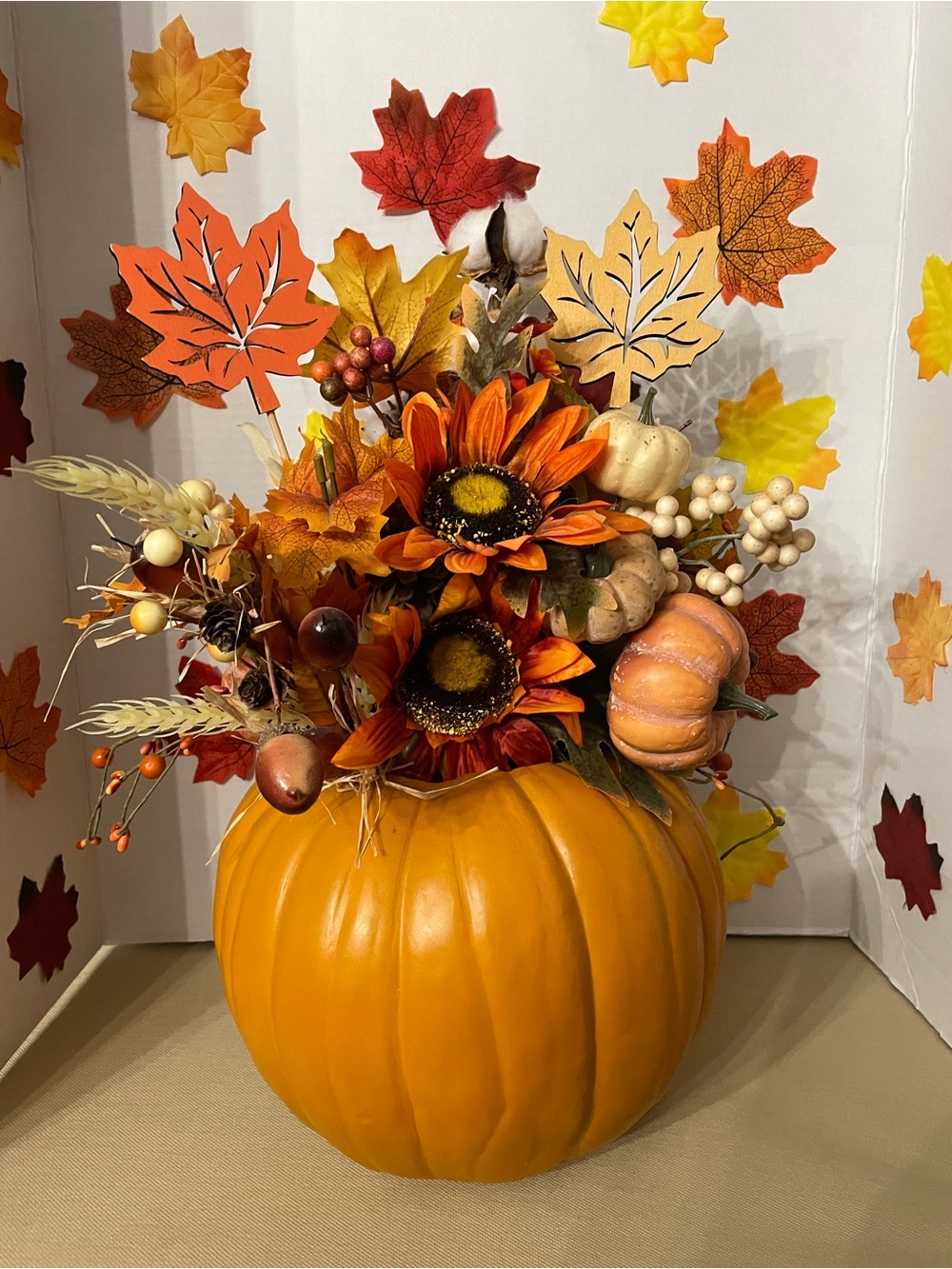 Custom handmade Autumn Pumpkin Floral Arrangement - 17” x 14” approx